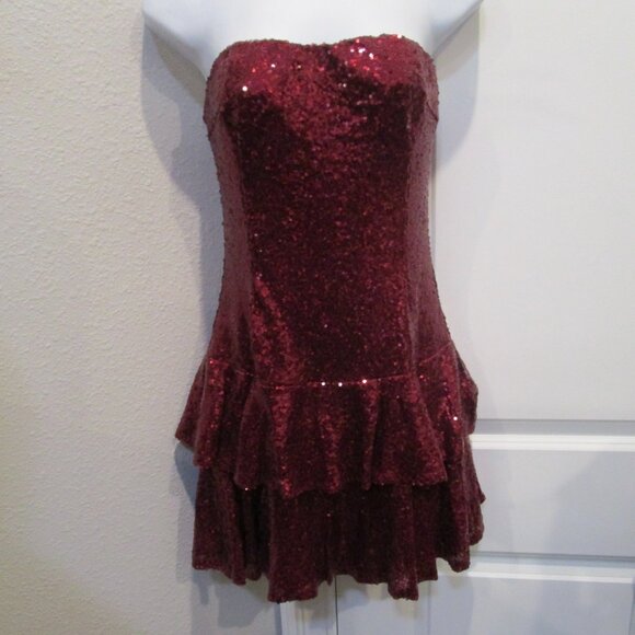 LULUS ON THE INVITATION BURGANDY SEQUIN MINI DRESS MED - Picture 4 of 7